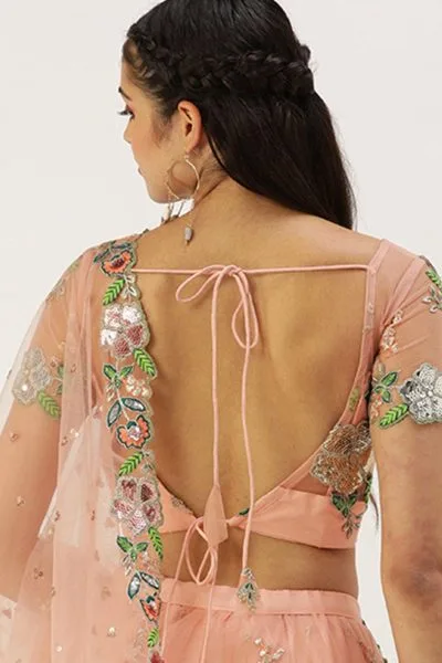 Peach Net Lehenga Choli in Floral Embroidery